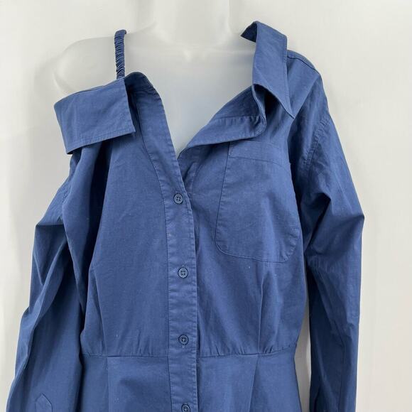 MONROW Stretch Poplin Mini Shirt Dress French Navy Off Shoulder Medium NEW - Picture 6 of 11